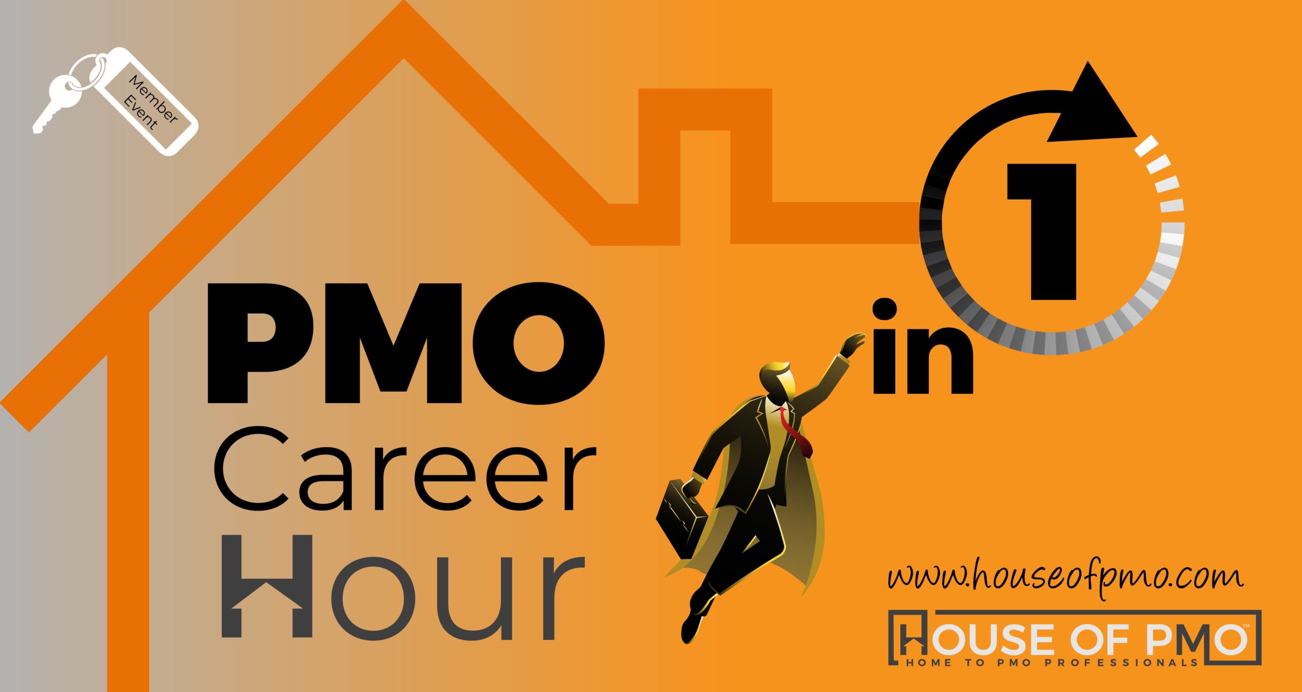 Image of a super hero dressed as a business man to advertise the PMO Career hour event power up your profile on linkedin